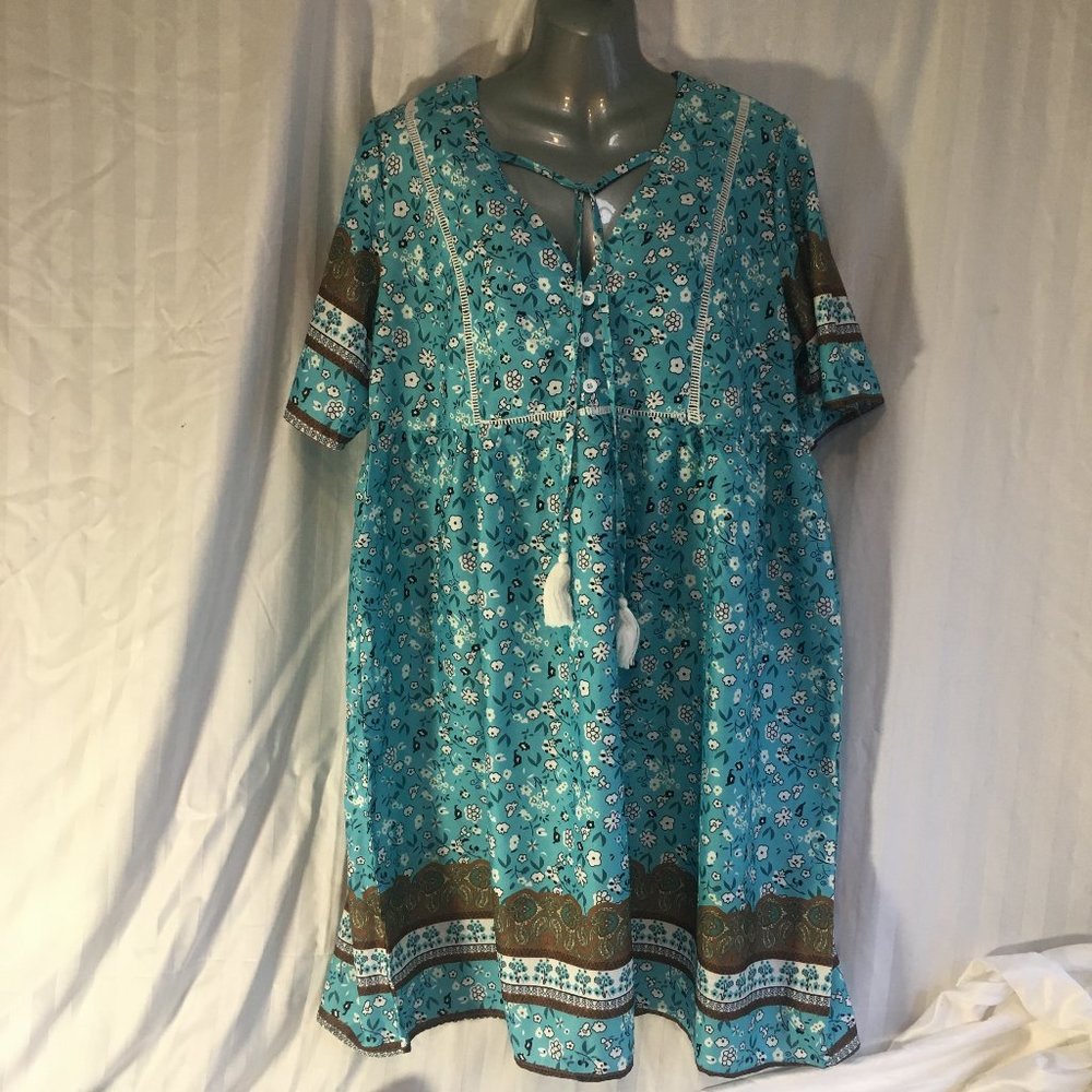 MISSLOOK Shift Dress Blue Brown Floral 1/2 Sleeve Boho Festival  Sz XL Flower